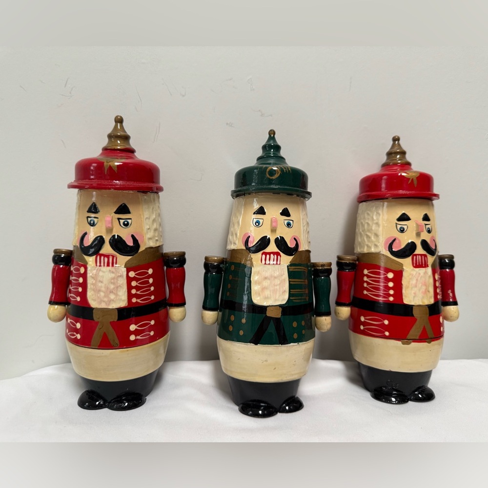 Vintage Set 3 pcs Soldier Wood Nutcracker Collectible Cookie Jar.